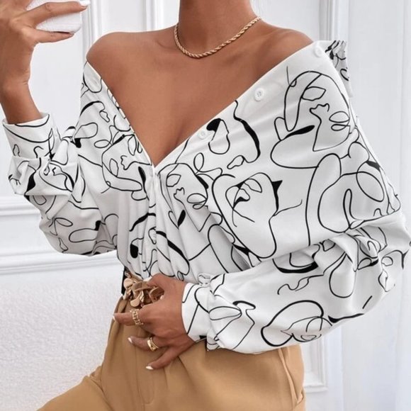 MODA ME COUTURE Tops - Graphic  Figure detailed Drop Shoulder Button Down Blouse blk/white